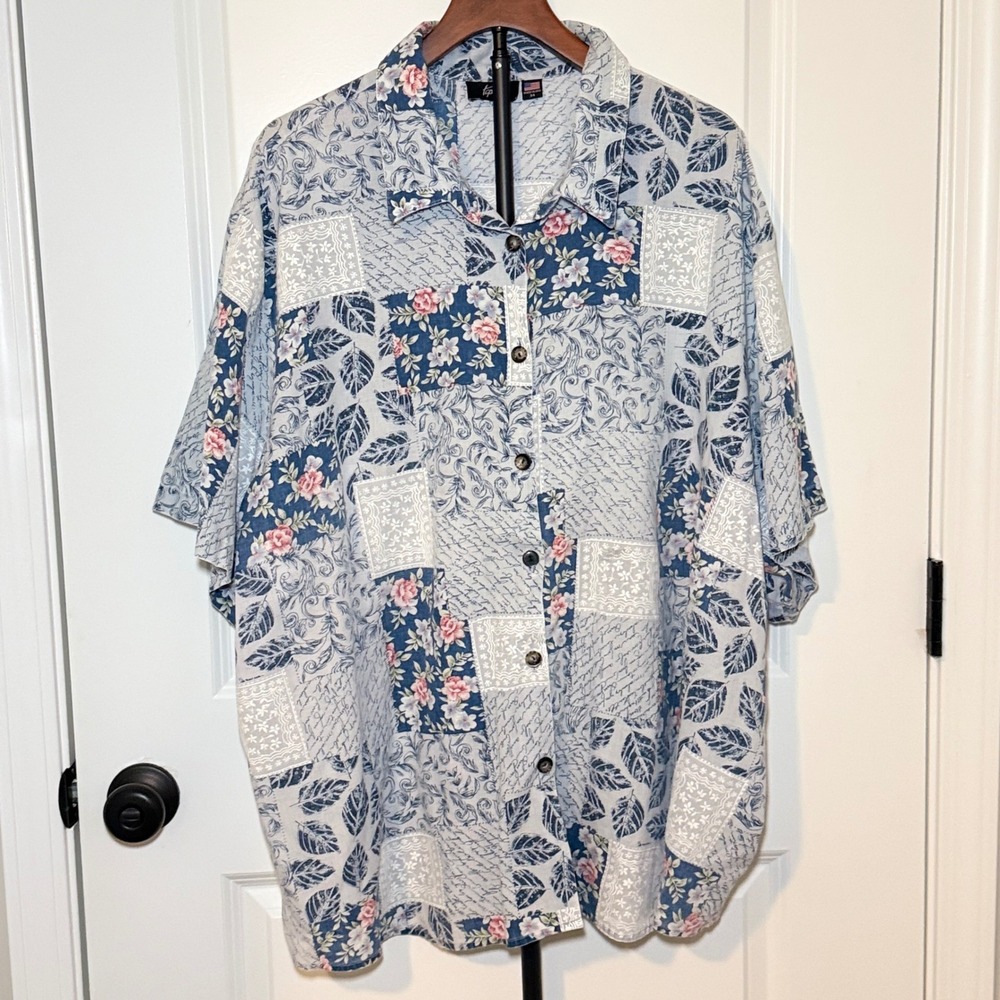 Vintage Tapestry Patchwork Floral Script Button Up Shirt Cottagecore Size 34